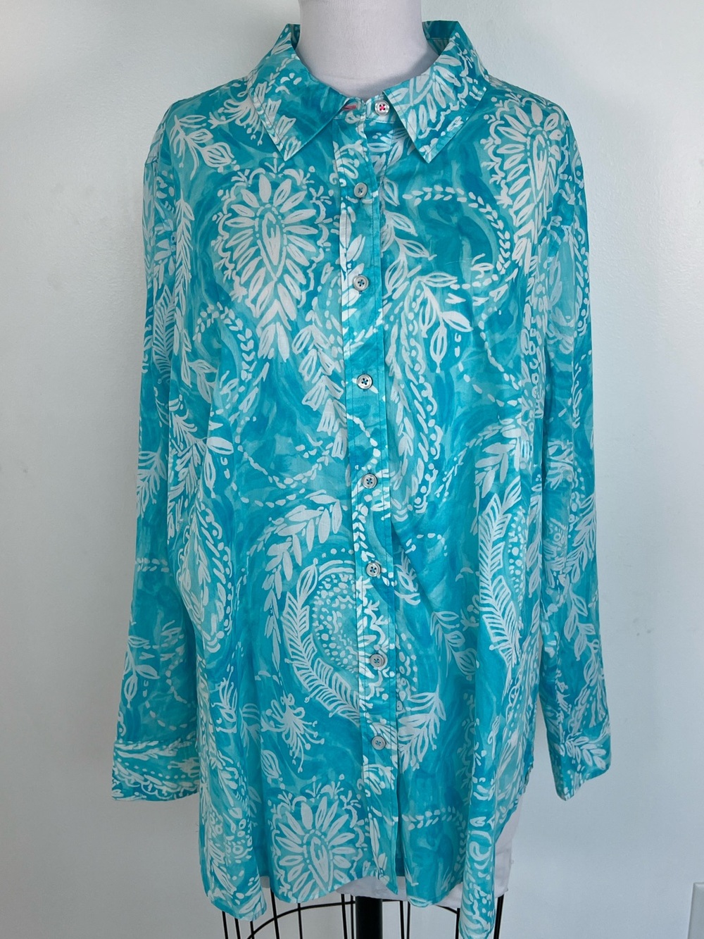 NWT! Talbots Turquoise and White Print Top Size 2X